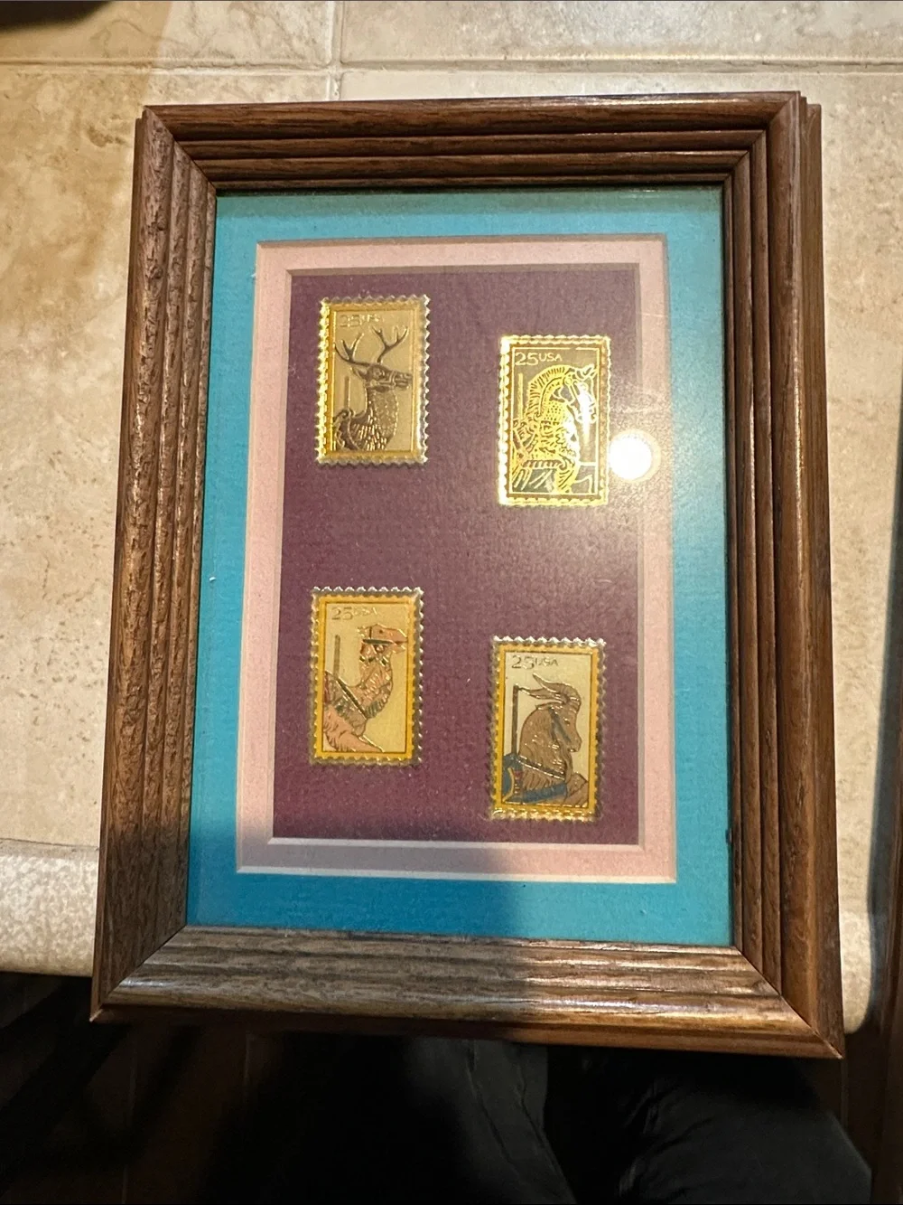 Framed Vintage Stamp Collage Wall Art - Red and Teal Accents